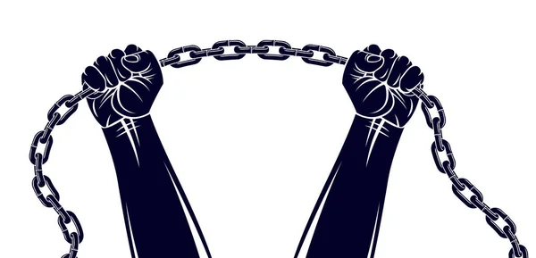 チェーン奴隷のテーマのイラスト ベクターロゴやタトゥーに対する自由のための強力な手の握りこぶしの戦い 自由のための戦い 自由を得る — ストックベクタ