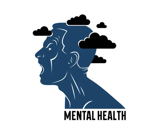 攻击性和精神病心理健康以及高焦虑向量概念图解或标志 由人的面部轮廓和头上的乌云可视化 — 图库矢量图片
