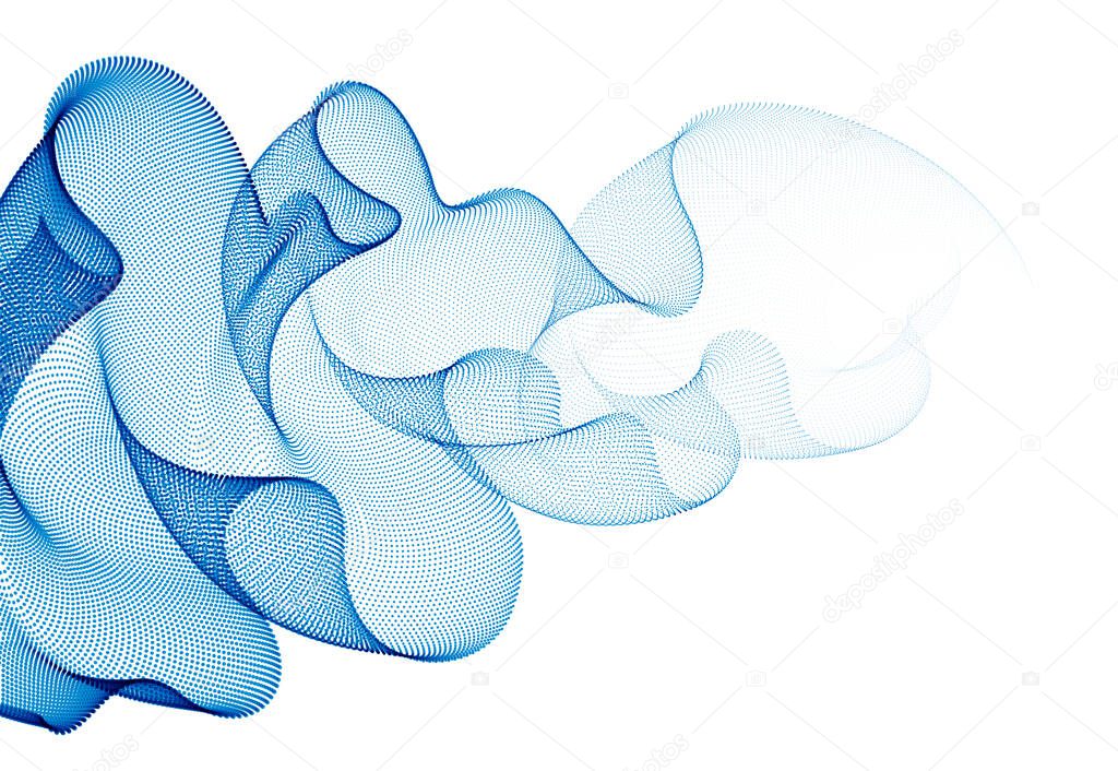 Flowing energy particles, wave of blended dots transparent tulle textile on wind. Curved dotted 3d lines vector effect illustration. 3d futuristic technology style.