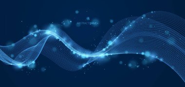 Karanlık vektör arkaplanı üzerinde akan parçacıkların dalga çizgisi, pürüzsüz kıvrımlı noktalar sıvı dizilimi. 3D noktalar harmanlanmış ağ, geleceğin teknolojisi duvar kağıdını rahatlatıyor.