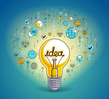 Parlak ampul ve simgeler, iş fikri yaratıcı kavram, e-ticaret alegorisi, İnternet işi, pazar yeri veya çevrimiçi dükkan, vektör illüstrasyonu.