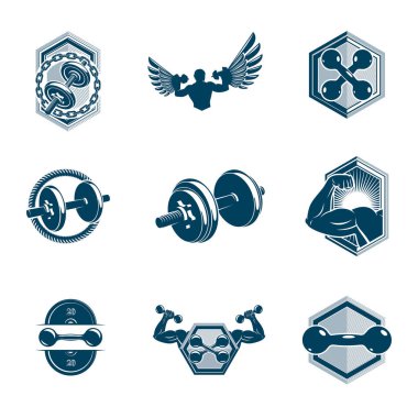 Dambıllar ve disk ağırlıkları spor ekipmanları ile oluşturulmuş vektör ağırlığı temalı çizimler. Güçlü adam mükemmel vücut..