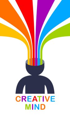 Düz moda tasarım tarzında yaratıcı beyin vektörü konsepti. Renkli gökkuşağı çizgileri insan kafasından çıkıyor. Yaratıcı fikirleri ve düşünmeyi sembolize ediyor..