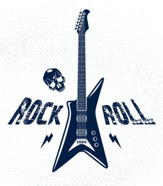 Elektro gitar vektör logosu, konser festivali ya da gece kulübü etiketi, müzik teması illüstrasyonu, gitar dükkanı ya da tişört baskısı olan Rock and Roll amblemi, stil tipografisi olan rock grubu işareti.
