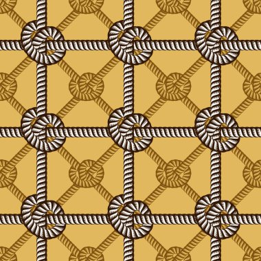 Kusursuz denizcilik halat şablonu vektörü. Sonsuz donanma çizgileri ve illüstrasyon illüstrasyonu. Balıkçı ağı süsü ve deniz düğümleriyle sonu gelmez donanma çizimleri. Kumaş, duvar kağıdı, ambalaj, ağ ve baskı için kullanılabilir.