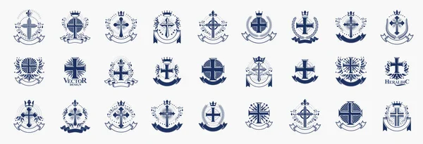 Korsar Hemligheter Emblem Vektor Emblem Stor Uppsättning Kristen Religion Heraldiska — Stock vektor