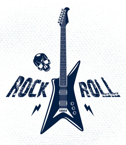 摇滚标志 带有电吉他矢量标识 音乐会或夜总会标签 音乐主题插图 吉他店或T恤衫印刷品 摇滚乐队标志 时尚字体 — 图库矢量图片