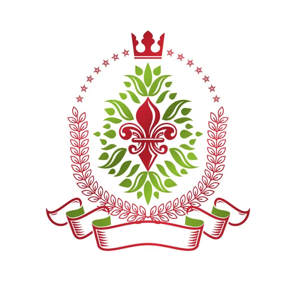 Heraldyczny Herb Dekoracyjny Godło Kwiatów Lilii Korony Królewskiej Produkt Ekologiczny — Wektor stockowy
