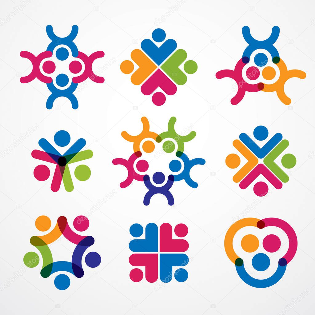 Teamwork and friendship concepts created with simple geometric elements as a people crew. Vector icons or logos set. Unity and collaboration ideas, dream team of business people colorful designs.