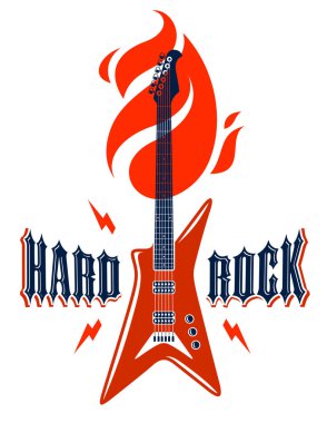 Hard Rock amblemi elektro gitar vektör logosu, konser festival ya da gece kulübü etiket, müzik Tema illüstrasyon ile gitar dükkanı veya t-shirt baskı, rock band işaret ile şık tipografi.