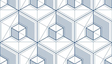 Geometrik küpler soyut dikişsiz desen, üç boyutlu vektör arkaplan. Teknoloji stili mühendislik çizgisi sonsuz çizimler yapıyor. Tek renk, siyah ve beyaz..