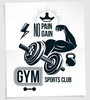 Ağır yük kaldırma şampiyonası reklam afişi. Disk ağırlıklı dambıl ve çaydanlık çanı spor ekipmanlarıyla kas atleti kolunun vektör bileşimi. Acı yok, kazanç yazısı yok..