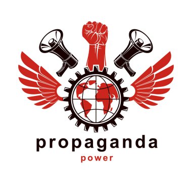 Vektör pazarlama afiş kaldırdı hoparlörler ile oluşan sıkılı yumruk, dünya gezegen ve Sanayi dişli. İç savaş soyut resim, sınırları kavramı yok. Sosyal mesaj gücü.