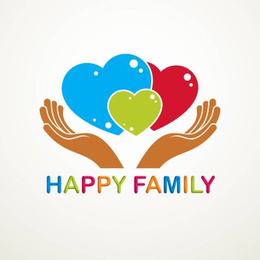 Mutlu aile vektör logosu ya da simgesi farklı boyutlarda üç renkli kalp ve bakım eliyle oluşturulmuş. Baba, anne ve çocuğun şefkatli ve sevgi dolu ilişkileri. Tek bir ilişki sistemi olarak..