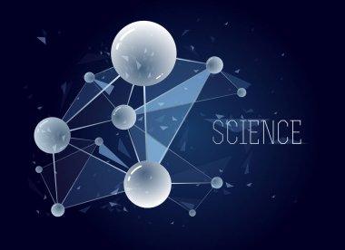 Moleküller vektör soyut arkaplan, 3 boyutlu bilim kimyası ve fizik tema tasarım elementi, atomlar ve parçacıklar mikro nano bilimsel gösterim.