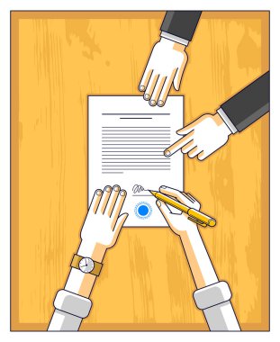 İşadamı sözleşmeli kağıt imzaladı ya da banka müşterisi finansal kredi formuna bir tabela yazdı ve çalışanı ona yardım etti ve kredi şartlarını, insanların ellerinin üst görünümünü açıkladı. Vektör.