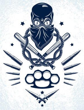 Saldırgan beysbol sopaları ve diğer silah ve tasarım unsurları, vektör anarşi suç terörü, getto devrimci tarzı çete amblemi veya logosu..