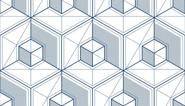 几何立方体抽象无缝模式 3D矢量背景 技术风格的工程技术线条画了无尽的图解 黑白单色 — 图库矢量图片