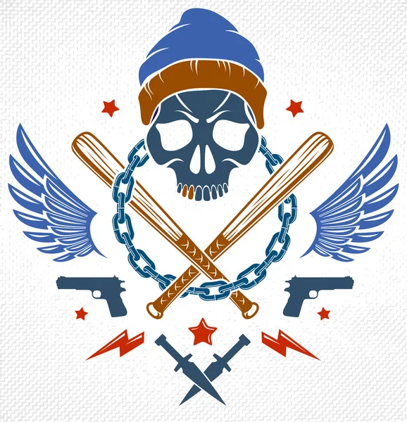 Banda Brutal Emblema Criminal Logotipo Con Agresivos Murciélagos Béisbol Cráneo — Archivo Imágenes Vectoriales