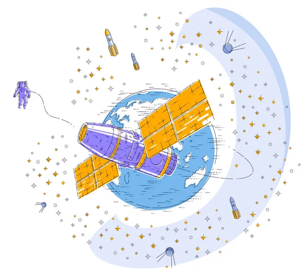 宇宙ステーション軌道飛行宇宙船宇宙船 Iss の太陽電池パネルと人工衛星 ロケット 星やその他の要素地球の周りを飛んでいます 細い線 ベクトル図 — ストックベクタ
