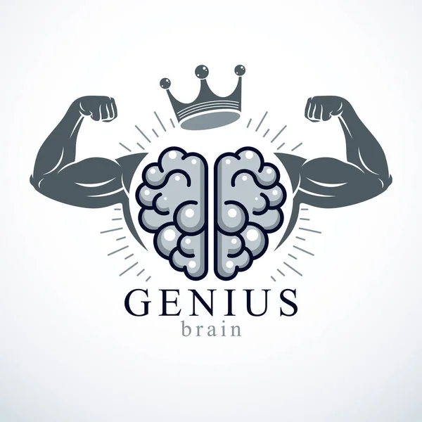 Power Brain Emblem Genius Concept Vector Design Human Anatomical Brain — Stock Vector