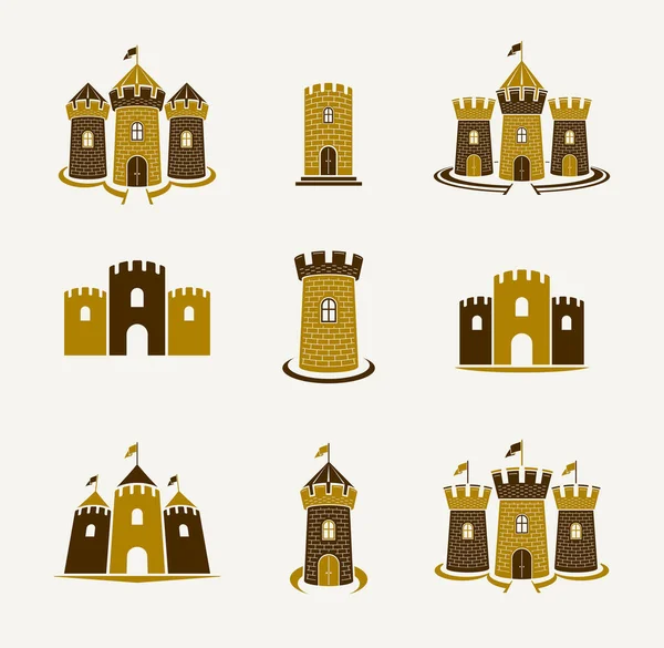 Fortresses Emblemas Emblemas Vetoriais Grande Conjunto Castelos Heráldicos Coleção Elementos — Vetor de Stock