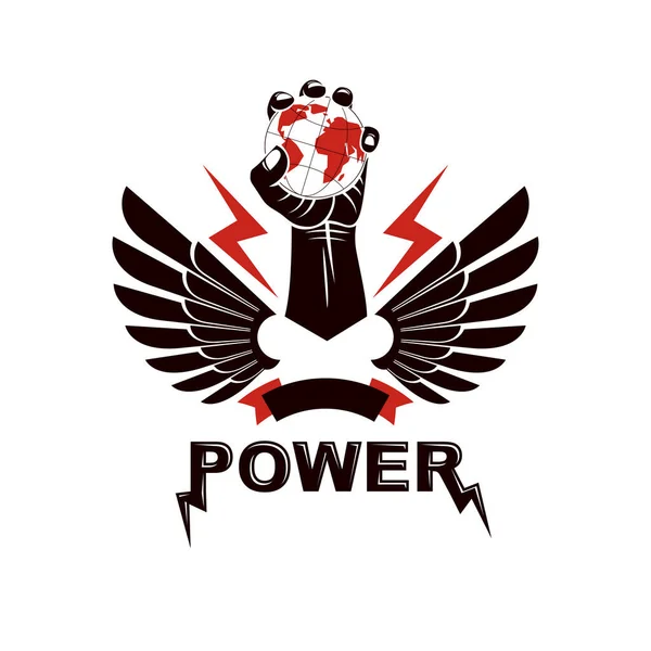 Yükseltilmiş Kol Dünya Vektör Logosunu Tutuyor Güç Otorite Kavramsal Resimleme — Stok Vektör