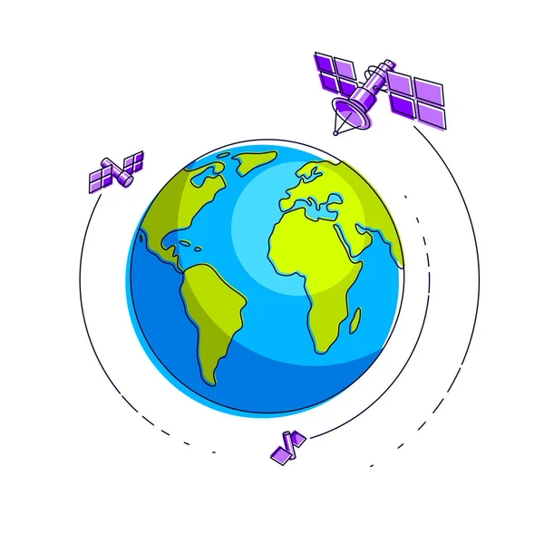 Globalne Satelity Telekomunikacyjne Latające Wokół Ziemi Stacje Kosmiczne Panelami Słonecznymi — Wektor stockowy