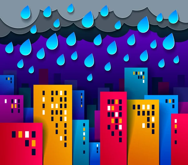 Cityscape Sob Chuva Noite Desenho Animado Vetor Ilustração Papel Cortar — Vetor de Stock