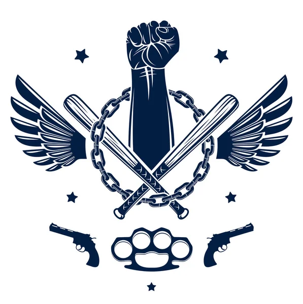 Revolution Riot Επιθετικό Έμβλημα Λογότυπο Ισχυρή Σφιχτή Γροθιά Όπλα Και — Διανυσματικό Αρχείο
