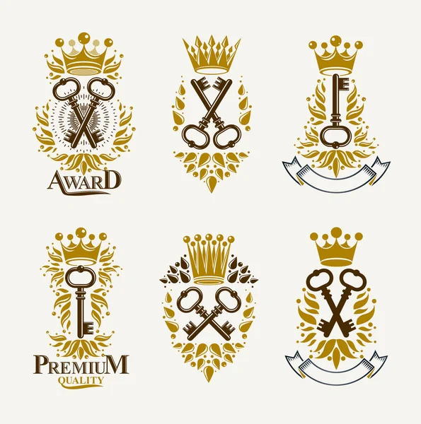 Vintage Schlüssel Vektor Logos Oder Embleme Heraldische Designelemente Großes Set — Stockvektor