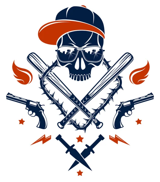 Logo Gangstera Lub Tatuaż Agresywnymi Kijami Baseballowymi Czaszki Inną Bronią — Wektor stockowy