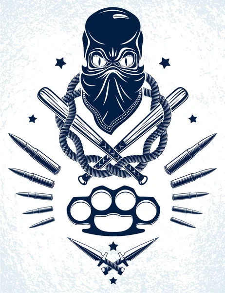 Gang Brutale Emblema Criminale Logo Con Aggressivo Cranio Mazze Baseball — Vettoriale Stock