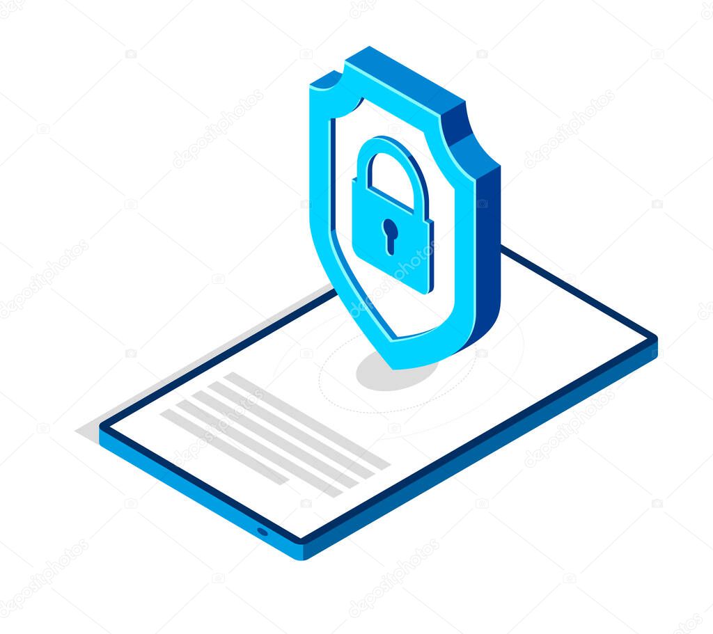 Electronic data protection and cyber security vector isometric conceptual illustration, isolated on white, mobile app antivirus internet fraud protection personal information.