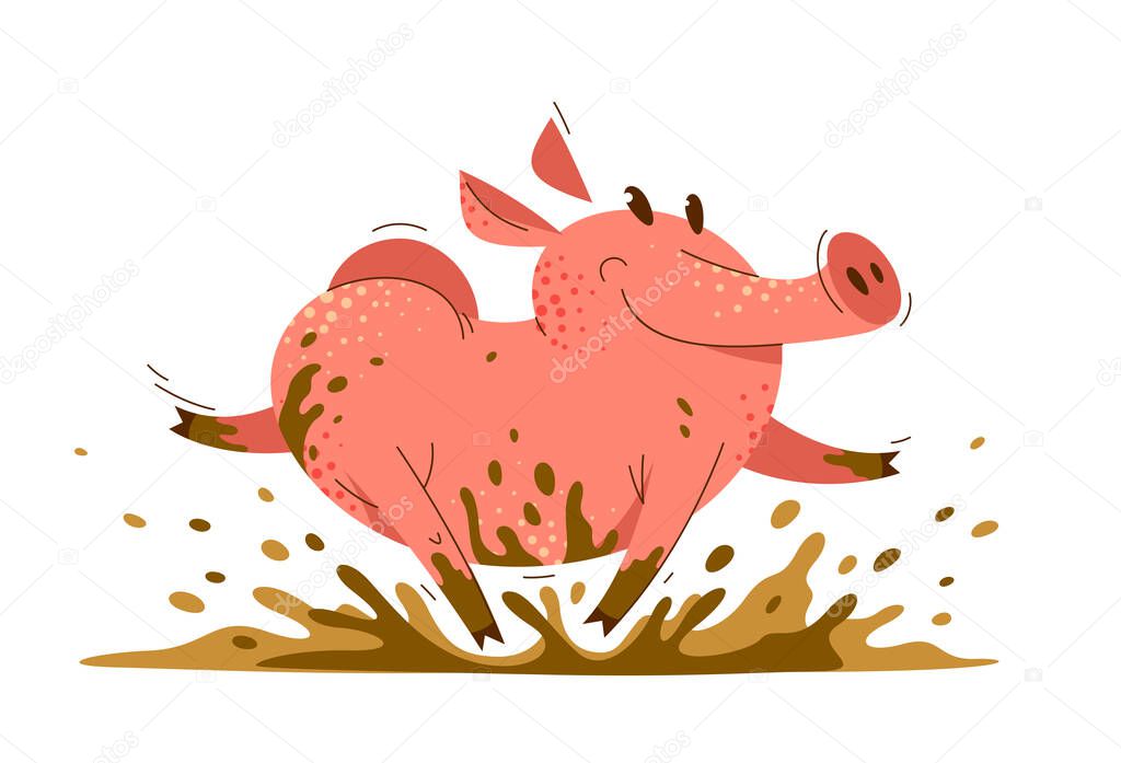 Funny cartoon pig runs in dirt vector illustration, activity happy enjoying animal swine character drawing.