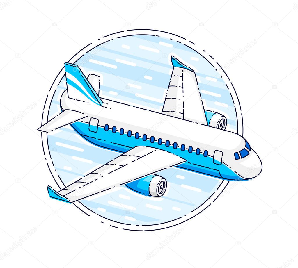Airlines air travel emblem or illustration with plane airliner and round shape. Beautiful thin line vector isolated over white background.