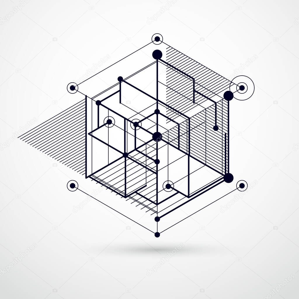 Technical blueprint, vector black and white digital background with geometric design elements, cubes. Engineering technological wallpaper made with honeycombs.