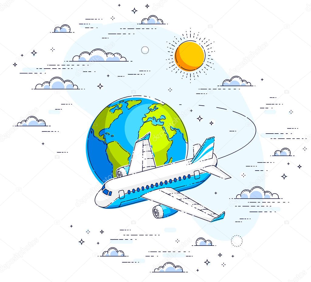 Airlines air travel illustration with plane airliner and planet earth in the sky surrounded by clouds. Beautiful thin line vector isolated over white background.
