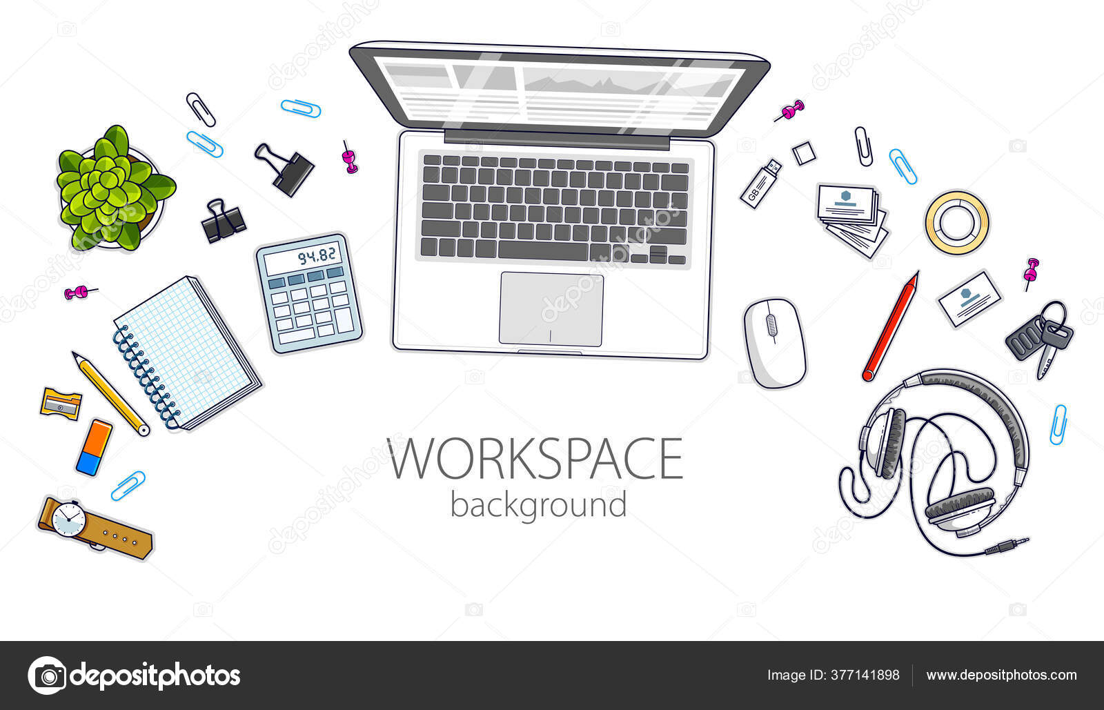Work Desk Workspace Top View Laptop Computer Lot Different Stationery ...