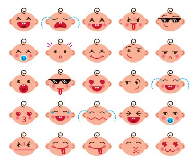 Şirin Bebek çizgi film vektör düz Icons set emoji gülen koleksiyon, çok güzel, mutlu, gülümseyen, gülüyor, dilini gösteren, dil, ağlıyor, üzgün ve kızgın gösterilen piksel gözlük cool.