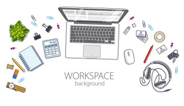 Çalışma masası çalışma masası üst görünümü dizüstü bilgisayarı ve masa izole edilmiş bir sürü farklı kırtasiye eşyası var. Yukarıya bakın. Tüm elementleri ayrı ayrı kullanmak ya da resimlemeyi yeniden düzenlemek kolaydır. Vektör.