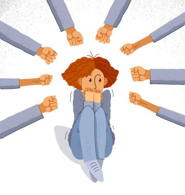 Zorbalık konsepti, yumruklaşma tehditleri korkmuş genç kadın kurban, psikolojik taciz, kadınlara karşı şiddet, sosyal gruplardaki zalim davranış sorunu, ayrımcılık.