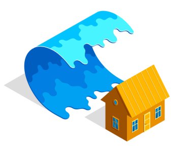 Beyaz arka planda izole edilmiş dev su dalgası emlak sigortası konsepti izometrik illüstrasyon, doğal afet koruması.