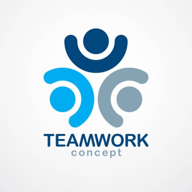 Takım çalışması ve arkadaşlık kavramı basit geometrik elementlerle yaratıldı. Vektör simgesi ya da logo. Birlik ve işbirliği fikri, iş adamlarından oluşan rüya takımı mavi tasarım.