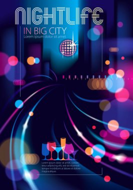 Soyut kentsel gece lambası Bokeh 'in odaklanamadığı arka plan. Efekt vektörü güzel arkaplan. Şehir manzaralı bulanık, koyu arkaplan, binaların siluetleri gökyüzü. Broşür, broşür, kapak, poster veya kılavuz şablon.