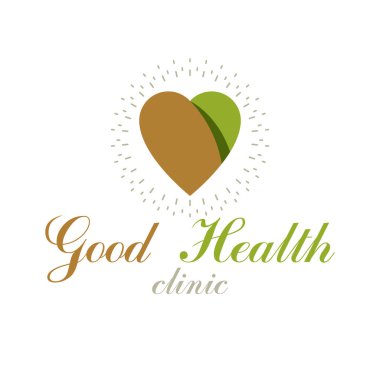 Yeşil yapraklardan oluşmuş vektör kalp şekli. Tıbbi tedavi organizasyonlarında kullanılmak üzere sağlık kavramsal logosuna geri dönüş.