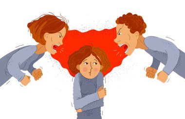 Ebeveynler bağırıyor ve korkmuş küçük kıza bağırıyor. Kızları, tacizci ebeveynler aile içi şiddet, psikolojik şiddet, çocuk mağduru travması, vektör karikatürü..