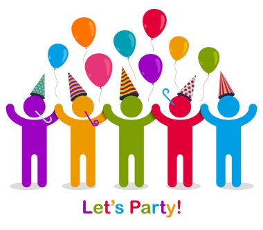 İnsanların vektör konsepti basit illüstrasyon ya da ikon, kutlama yıldönümü ya da tatil eğlencesi, bir grup neşeli mutlu insan partide eğleniyor..