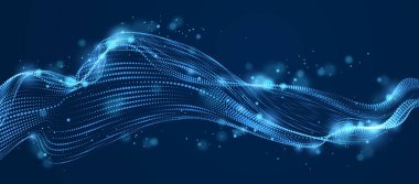 Dinamik parçacıkların ses dalgaları karanlığın üzerinde akıyor. Noktalı eğriler vektör soyut arkaplanı. Güzel 3 boyutlu dalga şeklinde parlayan karışık noktalar dizisi.