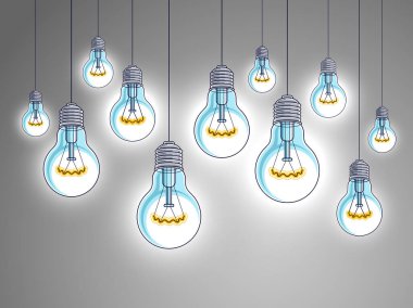 Ampuller parlıyor güzel vektör gerçekçi illüstrasyon. Fikirler, yaratıcı ilham, yaratıcılık. Mükemmel arkaplan veya duvar kağıdı.